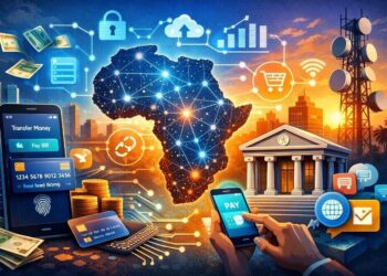 Illustration of Africa's digital financial ecosystem showing secure payments, data networks and fintech connectivity