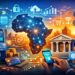 Illustration of Africa's digital financial ecosystem showing secure payments, data networks and fintech connectivity