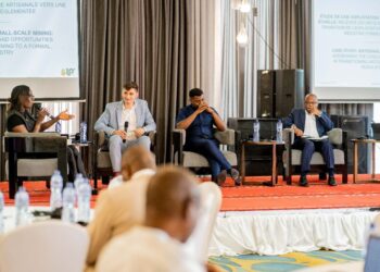 Panel discussion at an investment and mining conference in Kinshasa, Democratic Republic of Congo, featuring four speakers on stage discussing artisanal and small-scale mining reforms, with attendees seated in the foreground