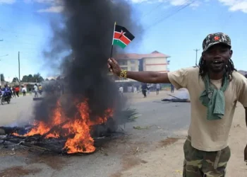 A protester holding a Kenyan flag stands beside burning debris and thick black smoke during demonstrations in Nanyuki, Kenya, against a proposed Ebola isolation facility near Laikipia Airbase