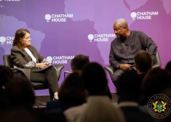 President John Mahama participates in a public discussion at Chatham House in London, addressing an audience on global governance reform, African integration and international cooperation