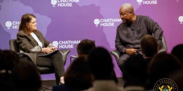President John Mahama participates in a public discussion at Chatham House in London, addressing an audience on global governance reform, African integration and international cooperation
