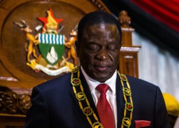President Emmerson Mnangagwa sits in a ceremonial parliamentary chair wearing a dark suit, red tie and presidential regalia, with Zimbabwe's national colours and coat of arms visible in the background