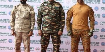 Leaders of Burkina Faso, Mali and Niger seated at the 2025 Alliance of Sahel States summit in Bamako