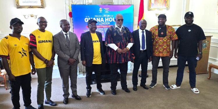 Deputy High Commissioner Aquinas Tawiah Quansah poses with Ghana Olympic Committee officials, Ghana House Project representatives and supporters during the official launch of Ghana House at the Ghana High Commission in London ahead of the Commonwealth Games Glasgow 2026