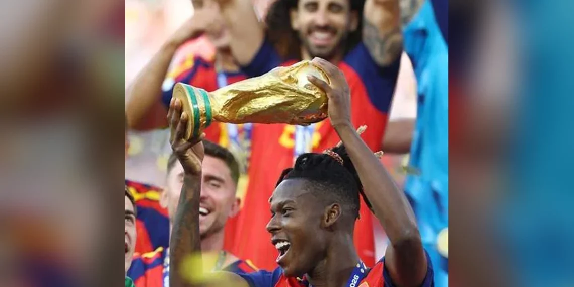 Nico Williams lifts the FIFA World Cup trophy during Spain’s celebrations after defeating Argentina in the 2026 final