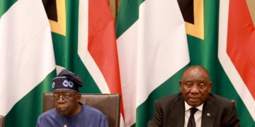 Nigerian President Bola Tinubu and South African President Cyril Ramaphosa during an official bilateral meeting as diplomatic tensions over migrant safety dominate relations