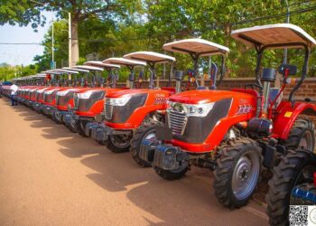 Rows of tractors displayed during Burkina Faso’s May 2025 agricultural mechanisation programme