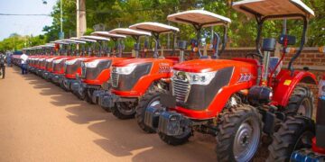 Rows of tractors displayed during Burkina Faso’s May 2025 agricultural mechanisation programme