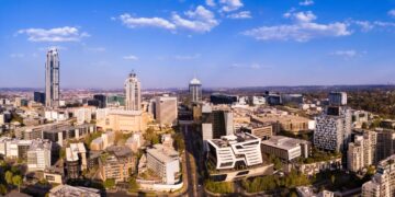 Aerial view of office towers and streets in Sandton, Johannesburg’s financial district