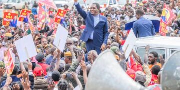Zambian President Hakainde Hichilema greets supporters during a 2026 election campaign rally in Lusaka