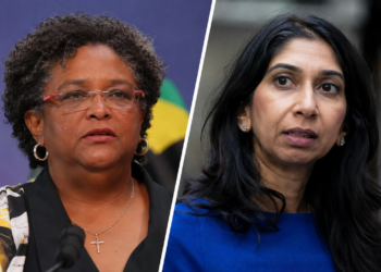 Barbados Prime Minister Mia Mottley and British MP Suella Braverman in a split-image portrait