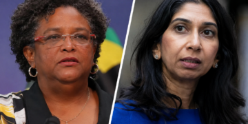Barbados Prime Minister Mia Mottley and British MP Suella Braverman in a split-image portrait