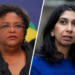 Barbados Prime Minister Mia Mottley and British MP Suella Braverman in a split-image portrait