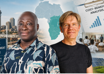 Editorial collage featuring Dr Ralph Nordjo and Dr Bjorn Lomborg against a Johannesburg skyline, SADC map and public investment imagery representing evidence-based policymaking in Southern Africa