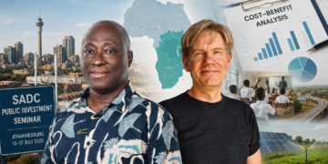 Editorial collage featuring Dr Ralph Nordjo and Dr Bjorn Lomborg against a Johannesburg skyline, SADC map and public investment imagery representing evidence-based policymaking in Southern Africa